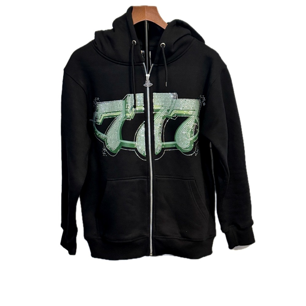 OVD Full Zip Hoodie Size S Black Green 777 Rhinestone Graphic